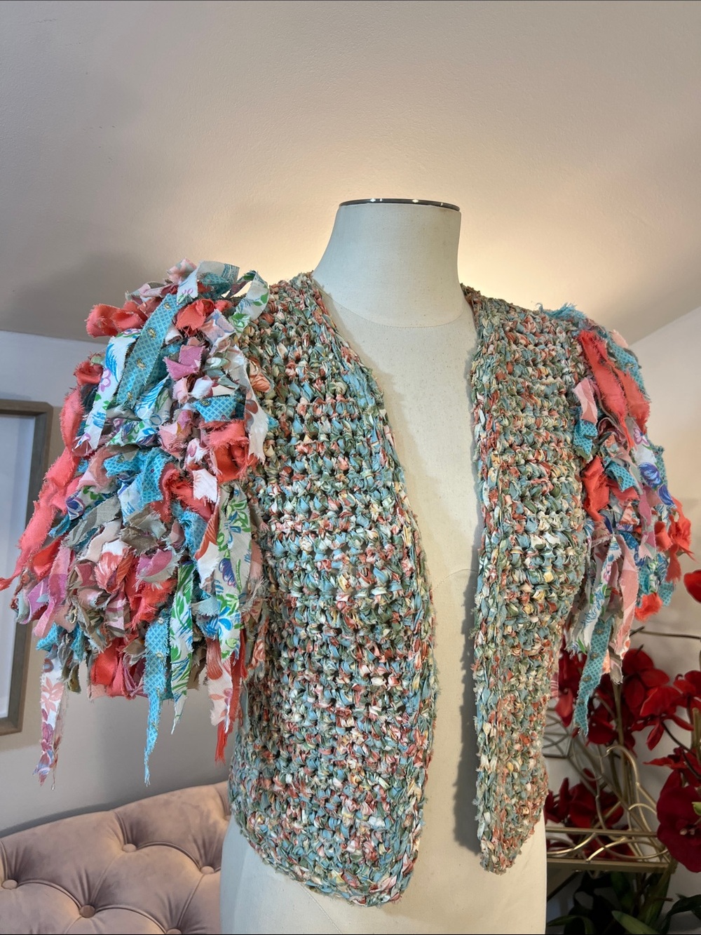 Vintage Estelle Gracer Art-To-Wear Crochet Jacket with Fringe Sleeves Size S/M